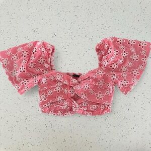 A Collection Pink Eyelet Twist Front Puff Sleeve Smocked Crop Top Sweetheart